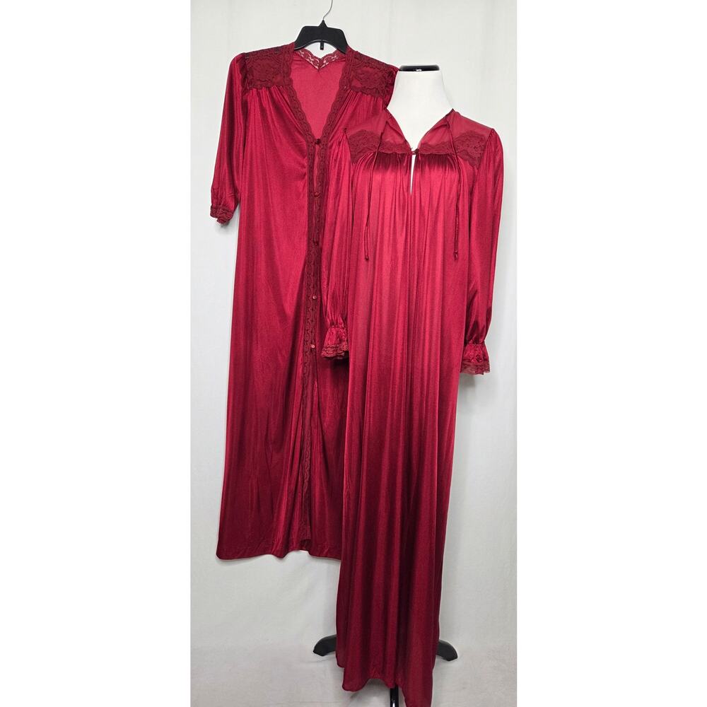 Vintage Lorraine Nightgown and Robe Lingerie Dark Wine Red Lace 60s 70s Medium